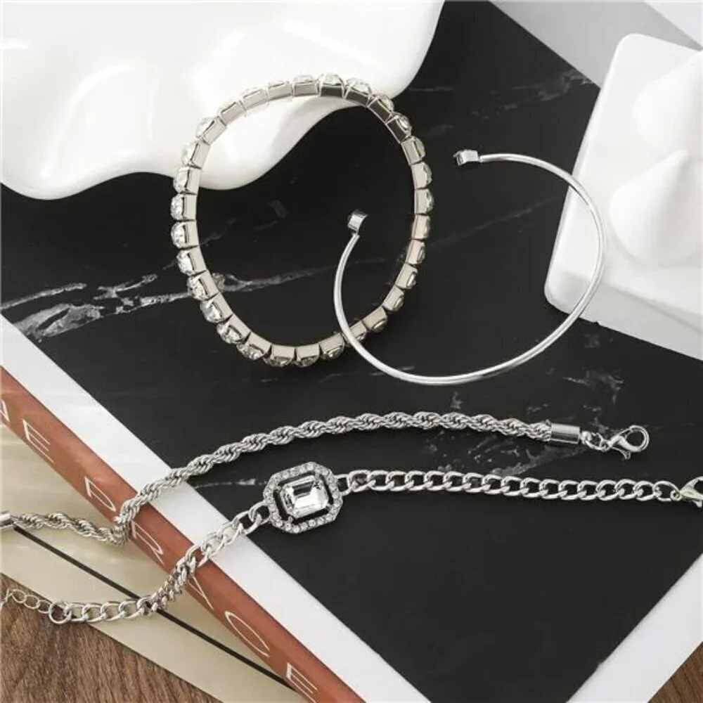 4 Piece Silver Bracelets Set Dainty for Women 14K Plated Link Cubic Zirconia